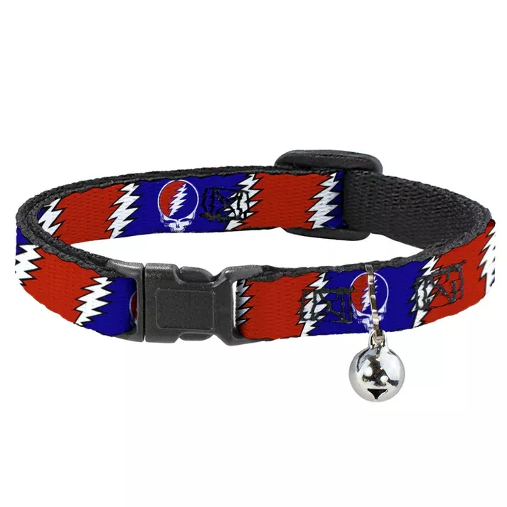 Grateful Dead Steal Your Face Lightning Bolt in Red White and Blue Breakaway Cat Collar with Bell