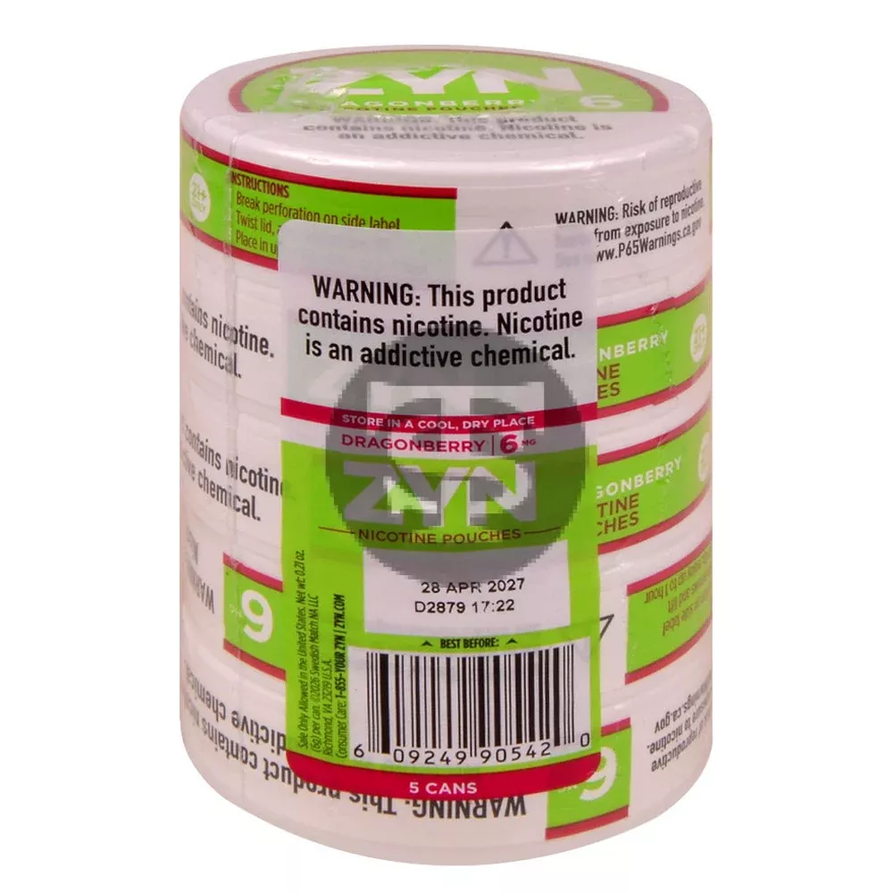Zyn Nicotine pouches 6mg Dragonberry, 5 cans