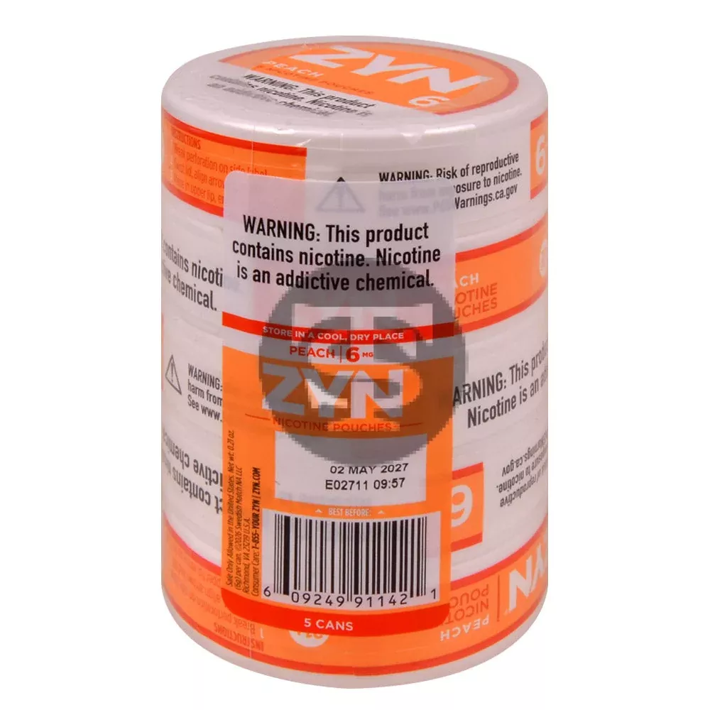 Zyn Nicotine pouches 6mg Peach, 5 cans